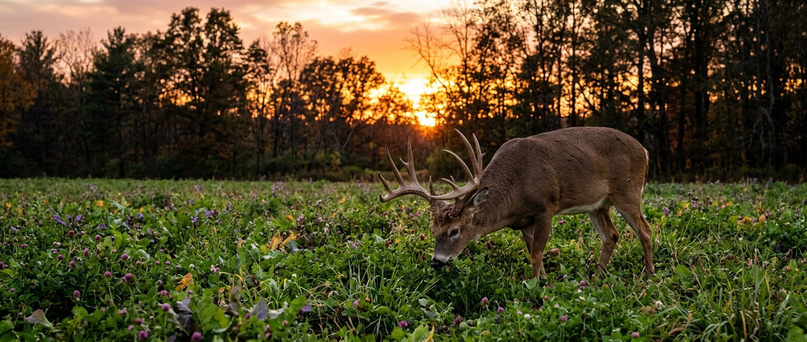 A large deer buck with antlers grazing in a green field of wildflowers at sunset, with a line of dark trees in the background.